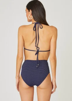Shop Shoshanna Navy and Silver Side Ring High Waist Bottom Navy/Silver