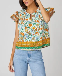 Online Shoshanna Paz Top Ivory/Light Blue/Saffron Multi